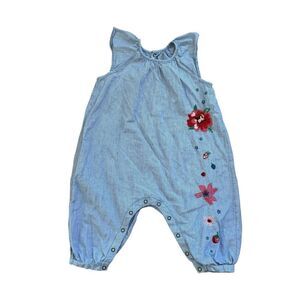 Catimini Romper Blue White Floral Embroidered Chambray Railroad Baby Girl 18M